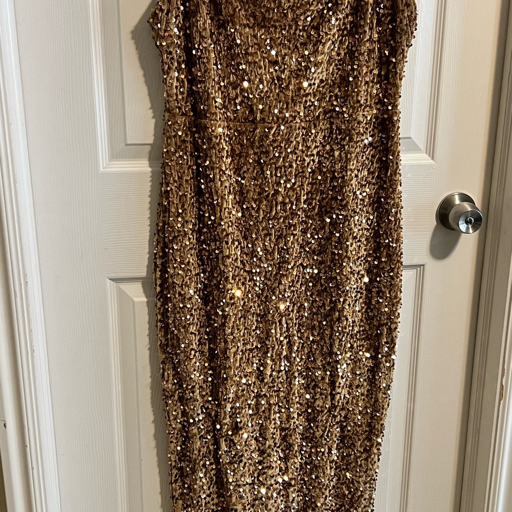 Gold Embellished Midi Sheath Dress with Cowl Neck for Cocktail